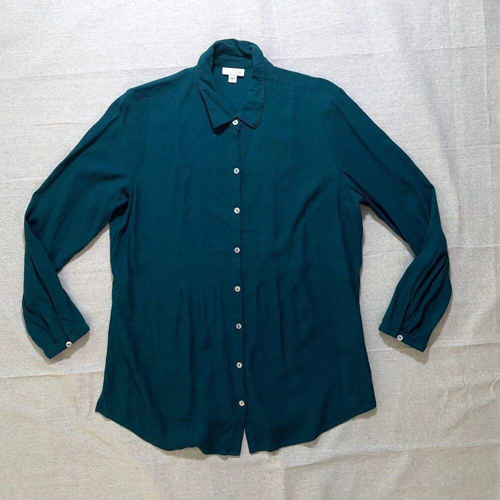 J. Jill | Dark Teal Pleated Button-Down Crepe Top | Large